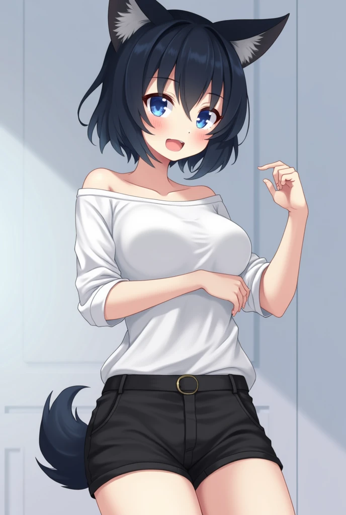 single boy, anime femboy, short, short black hair, wolf ears, wolf tail, blue eyes, shortデニムのショートパンツを履いている, wears a full shirt, flat, thick thighs, wide hips, blue eyes, perfect eyes, perfect face, swollen lips, Happy, thick eyebrows, the face. excited, to...