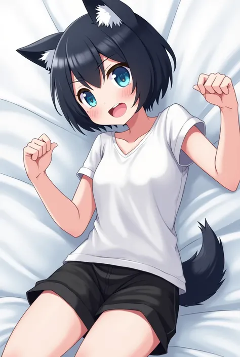 single boy, anime femboy, short, short black hair, wolf ears, wolf tail, blue eyes, shortデニムのショートパンツを履いている, wears a full shirt, flat chest, thick thighs, wide hips, blue eyes, perfect eyes, perfect face, swollen lips, Happy, thick eyebrows, the face. excit...