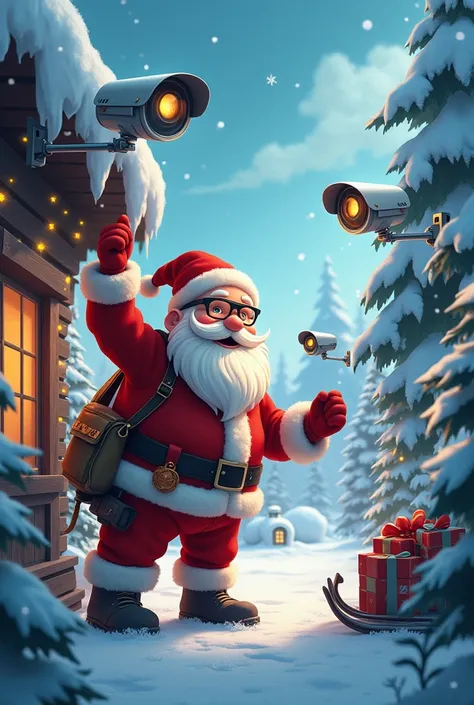 Create in image of santa claus installing security cameras