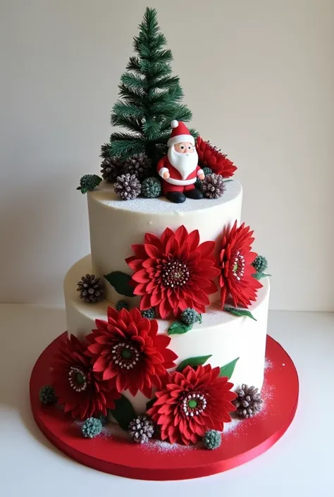 A birthday cake with concept of christmas. The theme color is red, white, black and green. Two floors cake and red Hydrangea flowers on the round side of the cake. On top of the cake, there is a Chrismast tree and santa claus.