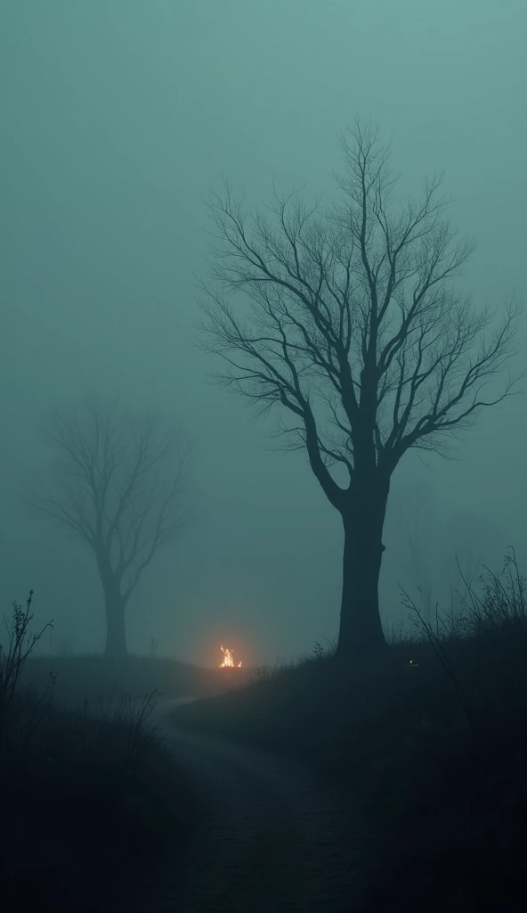 Create a scene in a dark, dark setting , full of Mist.  There are just a few dry trees and a few flames of fire