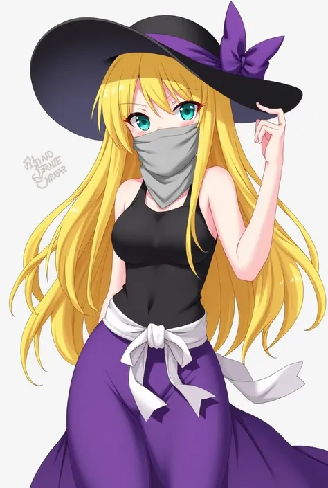 anime style 
woman
grey bandana in the mouth 
covered mouth with bandana 
Mouthkerchief 
Mouth-kerchief 
Bandana kerchief in the mouth 
covered nose
bandana in the mouth cowgirl 
black hat fashion 
black hat with purple bow bun 
white waist ribbon with bow...