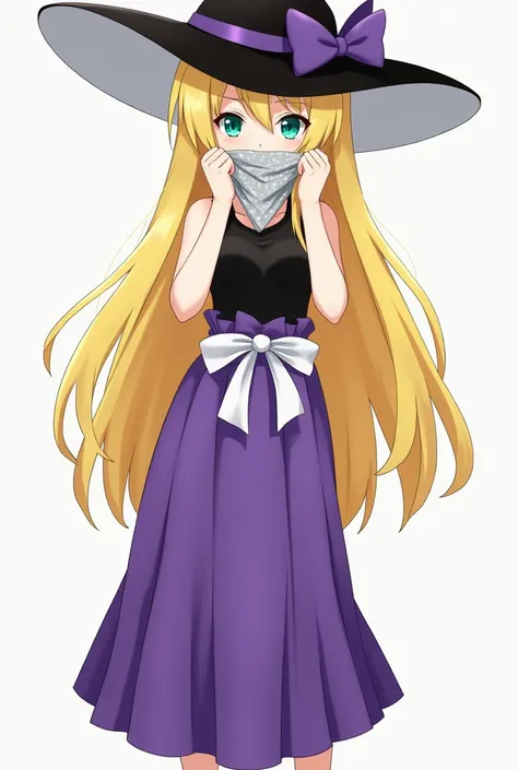 anime style 
woman
grey bandana in the mouth 
covered mouth with bandana 
Mouthkerchief 
Mouth-kerchief 
Bandana kerchief in the mouth 
covered nose
bandana in the mouth cowgirl 
black hat fashion 
black hat with purple bow bun 
white waist ribbon with bow...