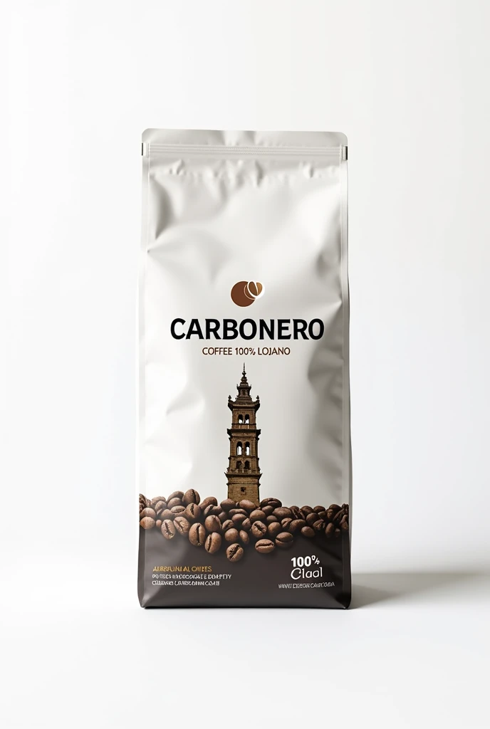  Now make a premium coffee cover with the name of Carbonero with his slogan of coffee 100%  Lojano and an image of a tower in San Sebastian in the city of Loja , Ecuador the packaging that is white 