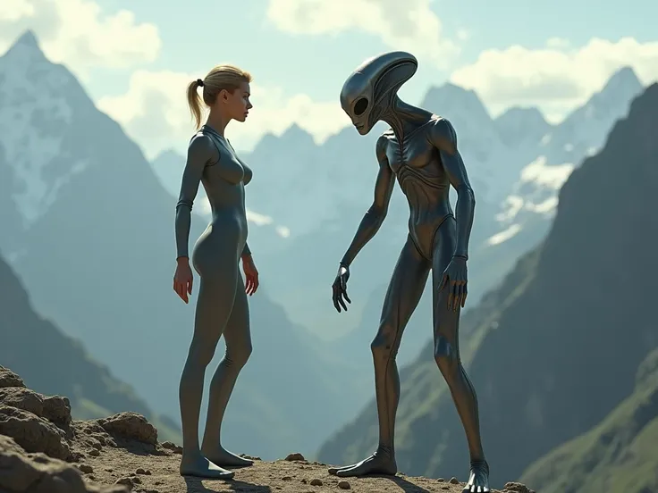 /imagine prompt: Photorealism, High angle, Full length shot, Mountains --no femme blonde combinaison tres pres du corps à coté d&#039;un extraterrestre gris