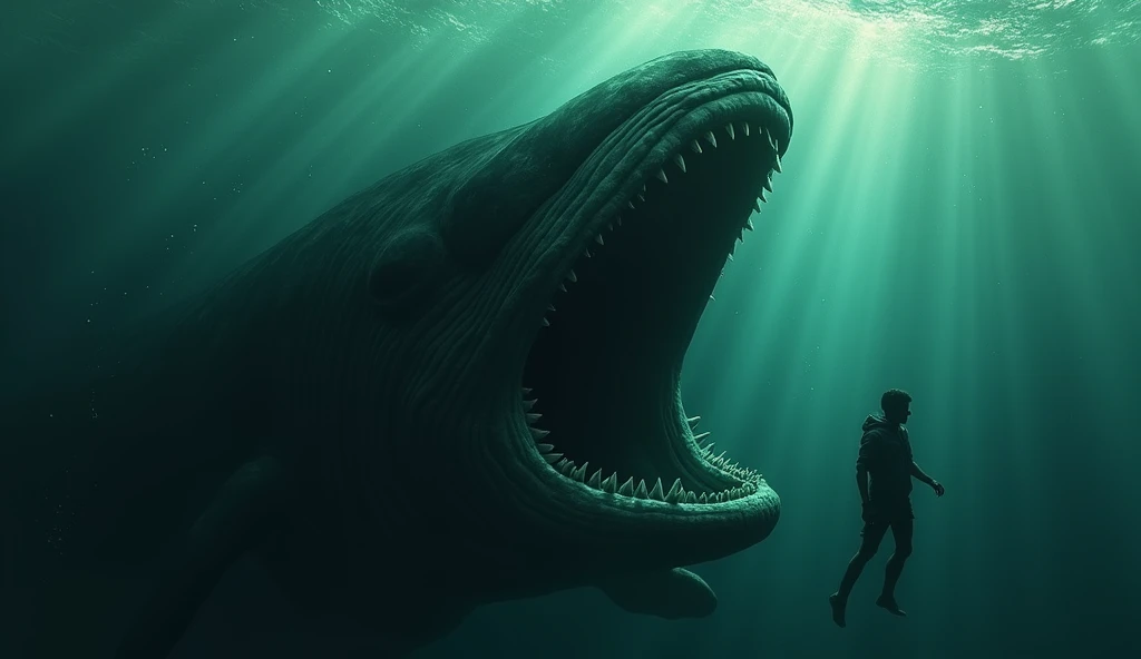 **Prompt:** `/ imagine A colossal whale ,  with dark skin and wrinkled reflecting greenish underwater light ,  emerges from the depths of the ocean . His cavernous mouth , half open,  reveals imposing teeth and deep darkness .  Air bubbles rise to the surf...