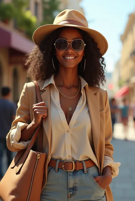 Une personne de teint chocolaté porter une casual chic: un chapeau tendance avec des lunettes de soleil et un tote bag pour une journée décontractée.