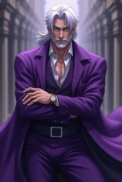 Make an old man anime character dreesed in purple . character must be like L in death note but now as same as he, no background some muscles straight posture seeing the camera big and  fearless aura authority seriuos 4K Realistic 