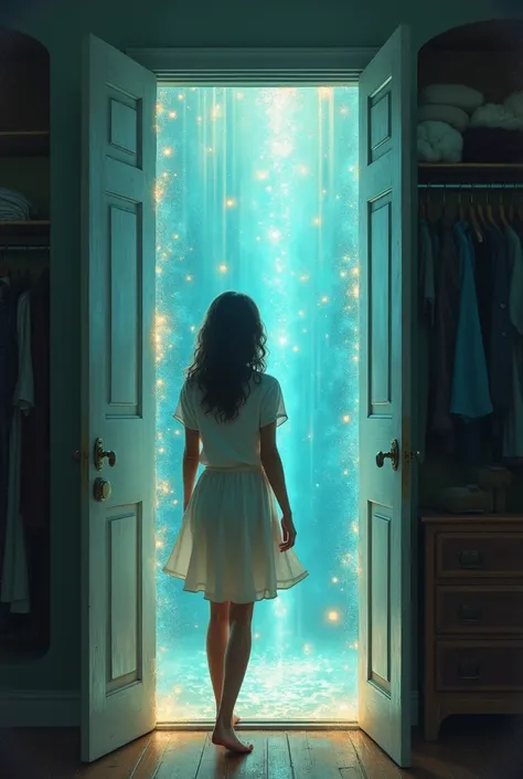 When she opened the closet ,  the door had now become a gate of light that opened to another dimension.  She walked in with amazement .