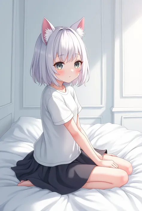 (Best quality), (masterpiece), 1 anime girl, shy, detailed eyes, white hair, sitting on a white bed, looking at viewer, white shirt with black skirt, cat ears, no windows