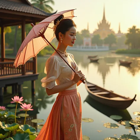 [Subject]: A Thai woman in a ThaiVictorianstyle dress featuring a fitted bodice with lace and puffed sleeves, paired with silk "Jongkraben" trousers. She wears a gold brooch and pearl earrings, carrying a delicate parasol.

[Details]: Her outfit is intrica...