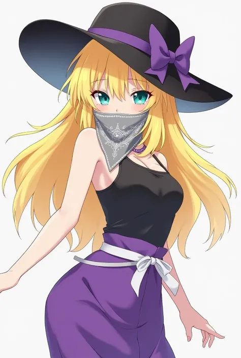 anime style 
woman
grey bandana in the mouth 
covered mouth with bandana 
Mouthkerchief 
Mouth-kerchief 
Bandana kerchief in the mouth 
covered nose
bandana in the mouth cowgirl 
Tied with bandana
black hat fashion 
black hat with purple bow bun 
white wai...