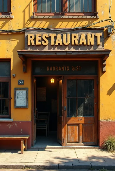  Create a hyperrealistic image of the exterior of a 1-star Latin restaurant.  The building is single-storey ,  with yellow ,  orange or dull terracotta walls .  The façade has rustic and worn details ,  such as broken or chipped tiles ,  and an aged wooden...