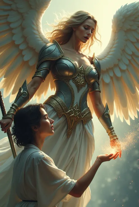 Valkyrie angel taking the soul of a short haired brunette woman