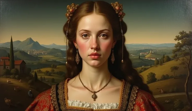 "A detailed oil painting of a noble figure in Renaissance style, wearing luxurious clothing from the 15th century. The character is gazing directly at the viewer, with soft, realistic facial features and intricate details on the fabrics and jewelry. The ba...