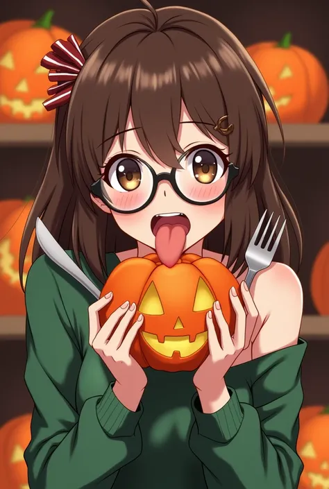  anime-style lantern:A  brunette girl with glasses keeps her mouth open like this 
So you can see all your teeth and tongue, in her hands, she also has brown eyes, she is wearing a green sweater and she also has bare breasts,and she has a knife and fork in...