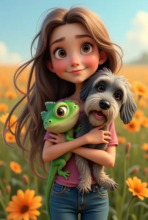 Disney girl , white test, light brown eyes smiling , very happy,  very thin  ,  long hair, broken, brown color,  in denim pants , tennis, pink blouse,  hugging a small green iguana and next to it a smiling Schnauzer dog,  in a field of flowers