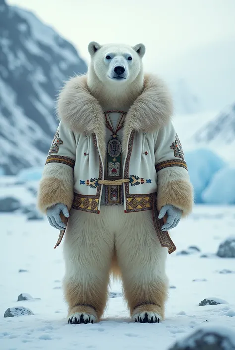 A white polar bear dressed as an Eskimo and with human body features