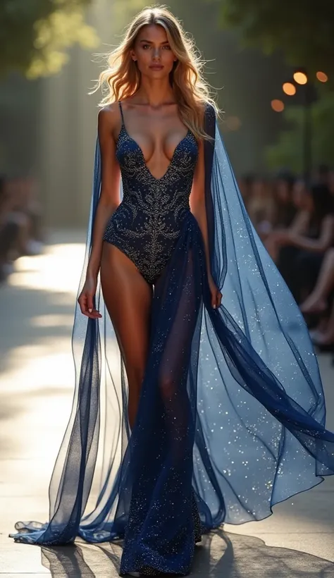 Graceful female model wearing luxury lingerie with a stars in the sky theme – rich midnight blue fabrics with sparkling silver embroidery resembling constellations, crystal-studded sheer cape flowing gently behind her, walking a glowing outdoor runway at m...