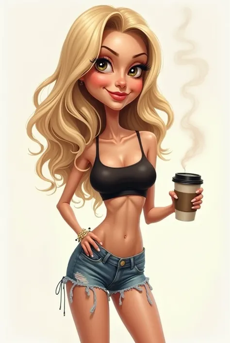 a caricature of a blonde, thin woman holding a cigarette in one hand and a cup of coffee in the other, usando top preto, shorts jeans, meio corpo, with the phrase "put down the cigarette and go work out".