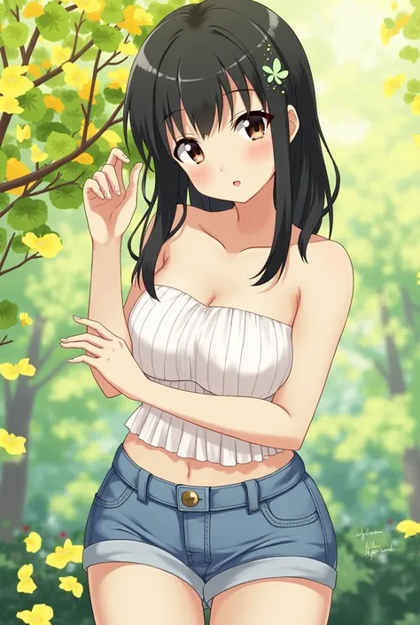 anime、ginkgo tree、garden、Beauty、smile、 has big breasts、 kind、 charming、Black Haired Butterfly 々 hair ornament、Short bangs、 from the front、Hermaphrodites 、 tube top 、Mini denim pants、 with the camellia tree