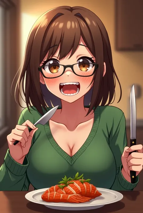  anime-style lantern:A  brunette girl with glasses keeps her mouth open like this 
So you can see all your teeth and tongue, in her hands, she also has brown eyes, she is wearing a green sweater and she also has bare breasts,and she has a knife and fork in...