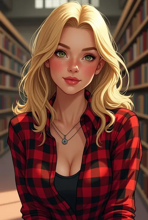  Shoulder-length girl with golden hair,  green eyes, freckled cheeks and voluptuous body . style: Marvel comic panels from Spiderman.  He wears a red and black checkered shirt. soft face, , kind smile and golden, slanted eyelashes.  She is in a library , S...