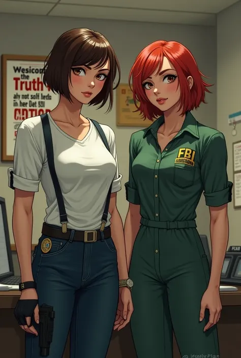 Butch Female with short hair cut wearing white T-shirt with sleeves rolled up suspenders and jeans with, Black female with Collar length red hair wearing a green onesie holding an FBI Badge in an FBI office with a poster on the Wall with words that read, T...