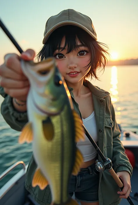   An energetic Japanese beauty doing bass fishing   ,    is wearing disheveled, short black hair fishing wear 、 has a bright smile radiating joy She is wearing a cap and a fishing rod with a bait casting reel in her right hand     ,     is catching a large...