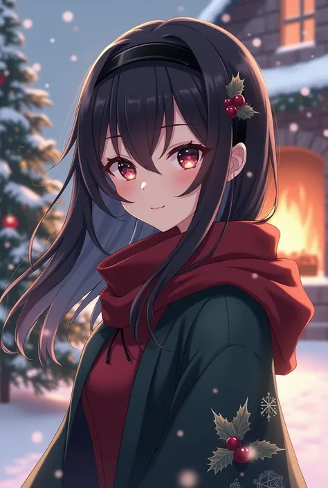 Female anime character Christmas clothing with a black headband , And the loose, black hair 