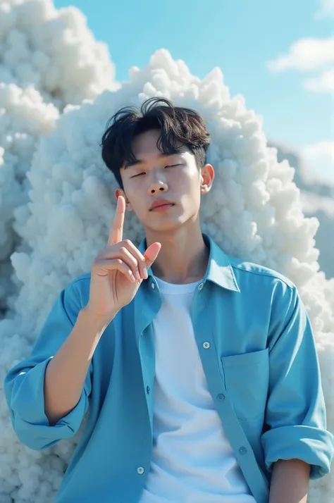 Poto landscape features a 20-year-old handsome Korean man sleeping on his back on the ground on a rock crystal  . man wearing a white t-shirt model blue box shirt with one hand facing the camera with a finger gesture declaring love looks futuristic. poto i...