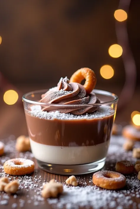 Créer une image dune verrine de yaourt chocolat avec décoration Noël avec de la noix de coco comme neige et des morceaux de cannes a sucre et des battons  de gaufres rouler 