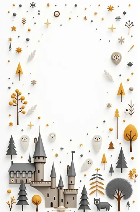 White background image with a lot of small Harry Potter symbols scattered across the gray and gold color space, trees, owls, death relics, brooms, magic etc in 2D, place Hogwarts castle in the corner of the image. fill all spaces do not leave vacuum 