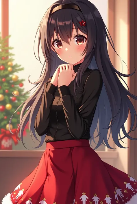 Female anime character Christmas clothing with a black headband , And the loose black hair with a red Christmas skirt