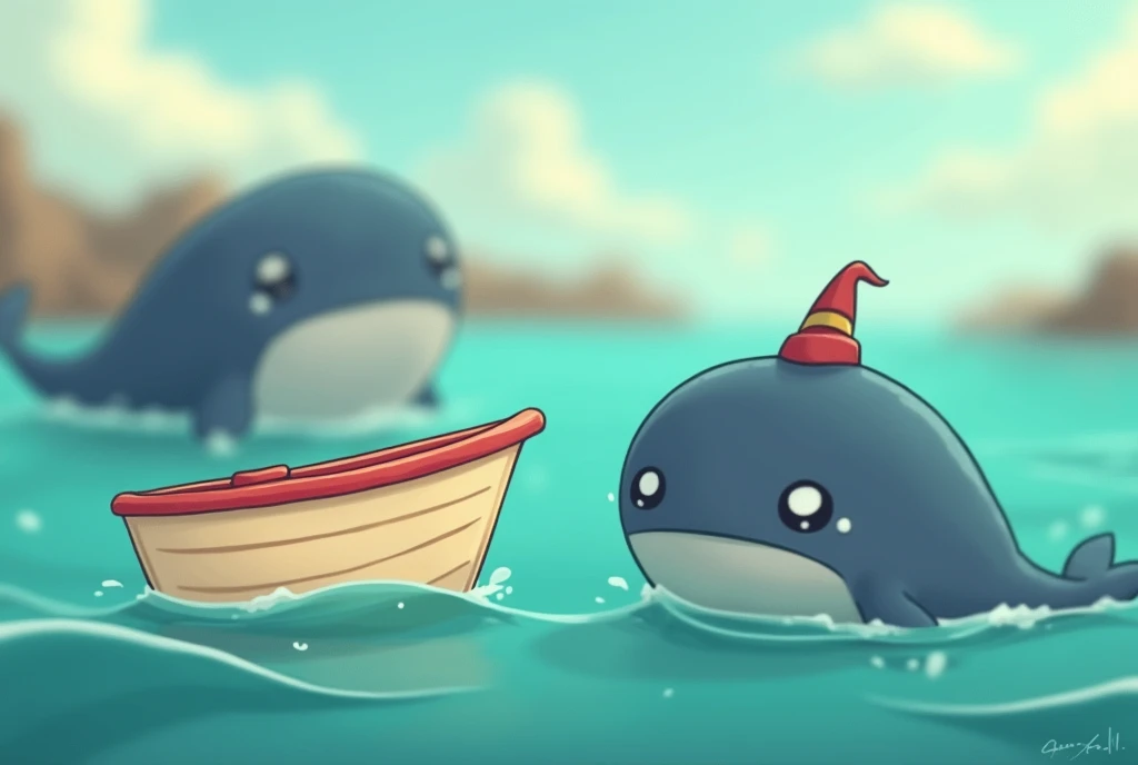  Colourful and cartoonish illustration, Gravity Falls style. in the foreground,  blurred details of a cream-colored boat with a red stripe on the top of the bow. In the background, you can see two whales peeking out among the waves . 