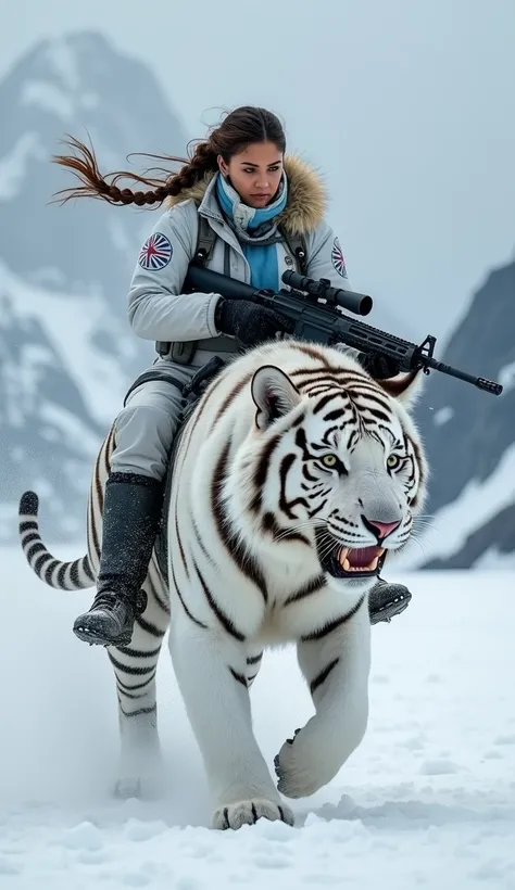 A Latina woman, with tanned skin and wavy hair tied in a braid, representing Argentina, dressed in a white and gray arctic uniform, reinforced to withstand extreme temperatures. Wielding an automatic rifle with a grenade launcher attached, she is riding a ...