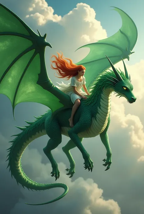 Nyx seemed like a living sculpture, plucked from another world. His emerald green scales reflected light in shadows and highlights, and his deep eyes looked at me with a wisdom I didnt deserve. a girl rode him in the skies she had long red hair and it seem...