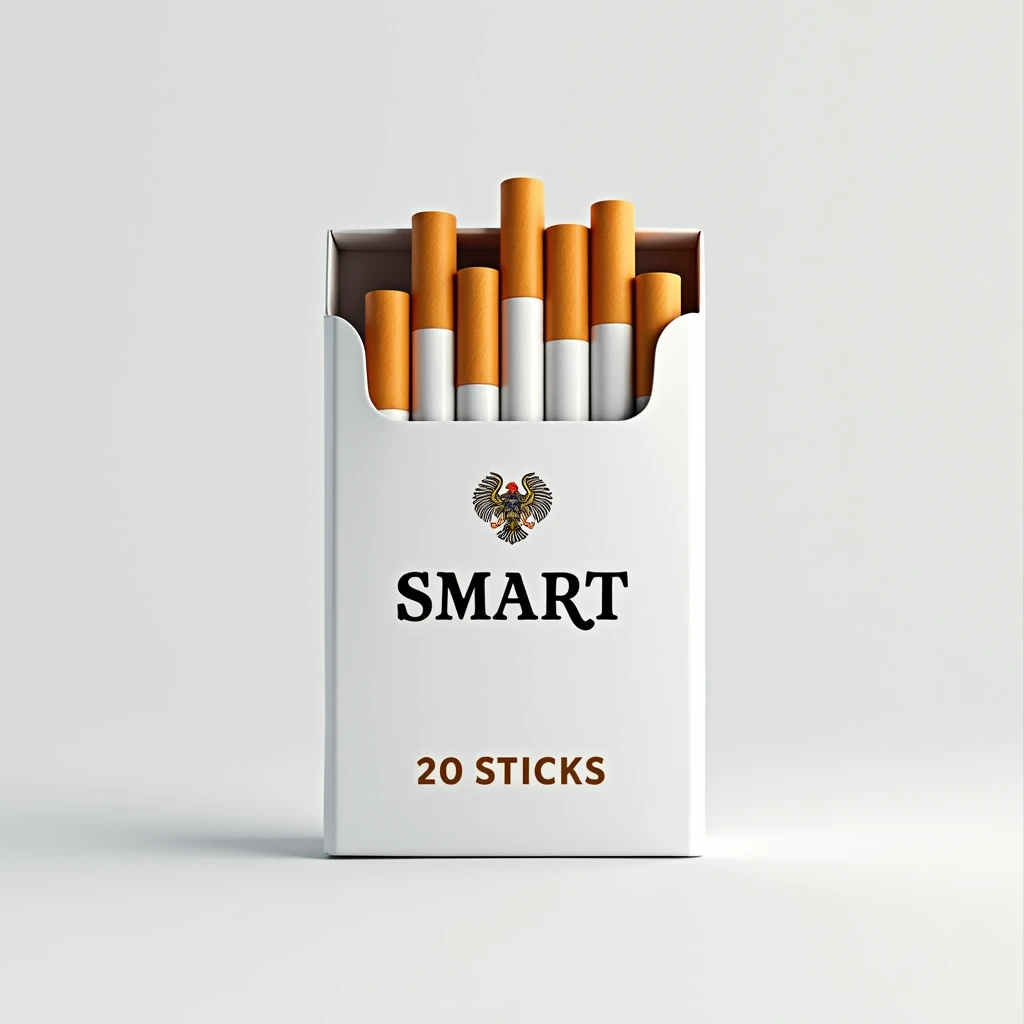 A cigarette pack, ((white color)), (((brand "SMART" with calligraphy font))), ((text "20 STICKS")), ((((cigarette emblem in pack)))), filter cigarettes, cigarette showcase background, photorealistic