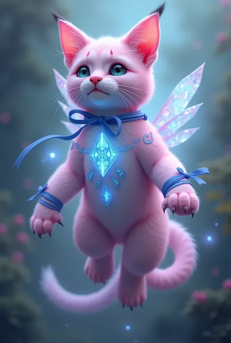 Make a psychic floating lynx with a bismuth jewel and some blue ribbons tied around the paws and ears and some bismuth tattoos (Do the lynx in the color light pink )