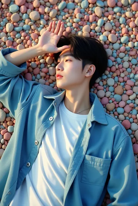 Poto landscape features a 20-year-old Korean handsome man sleeping on his back on the ground based on colorful pebble stones. man wearing a white t-shirt model blue box shirt with one hand facing the camera with a finger gesture declaring love looks futuri...