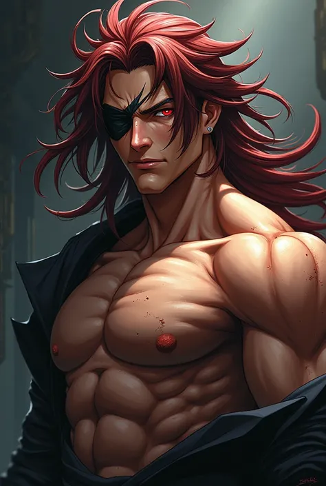 create an attractive anime man with long length hair that is brown and reddish, dark red eyes with an eye patch, make him strong. make it more realistic than anime drawing though 