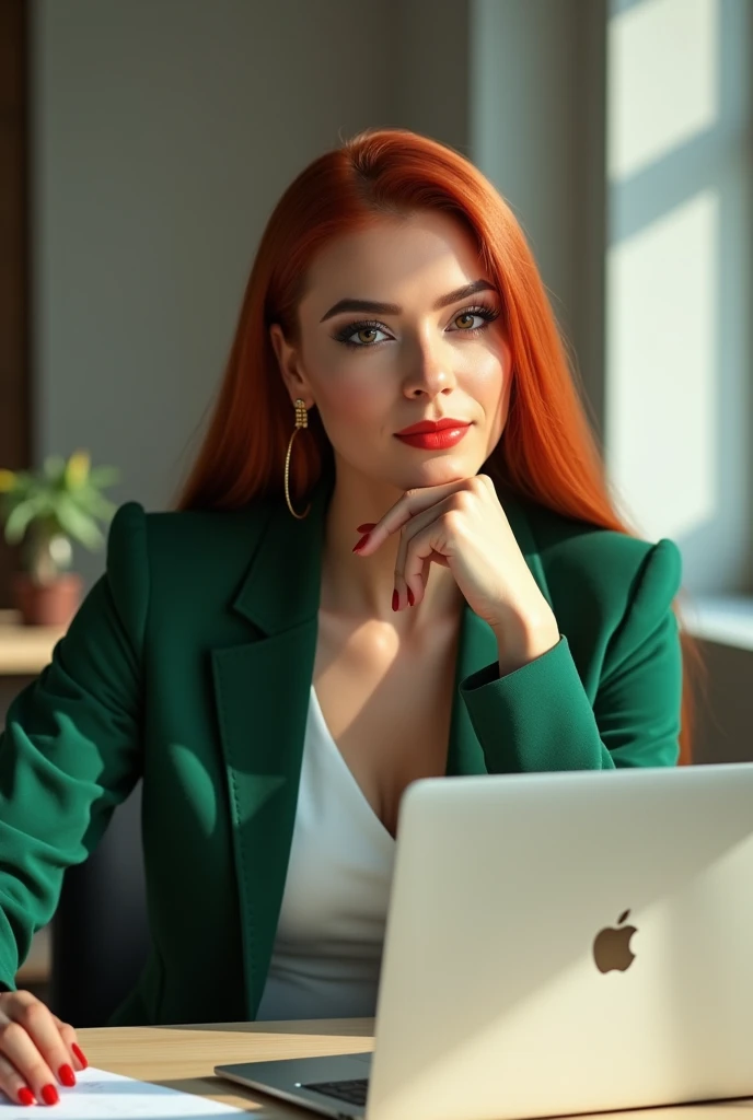 generates a very realistic and natural photo of a 35-year-old Brazilian woman , long straight red hair, She wears gold earrings ,  wears makeup ,  youre wearing a green blazer , white shirt, green pants,  perfect nails made of red ,  you are sitting at an ...