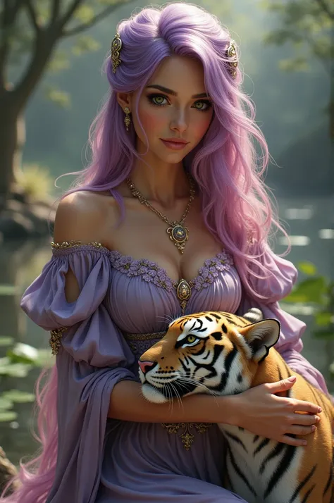 1 Girls Long Hair Purple Pink Dress Mature Sawo Skin Playing With Little Tiger Facing Camera