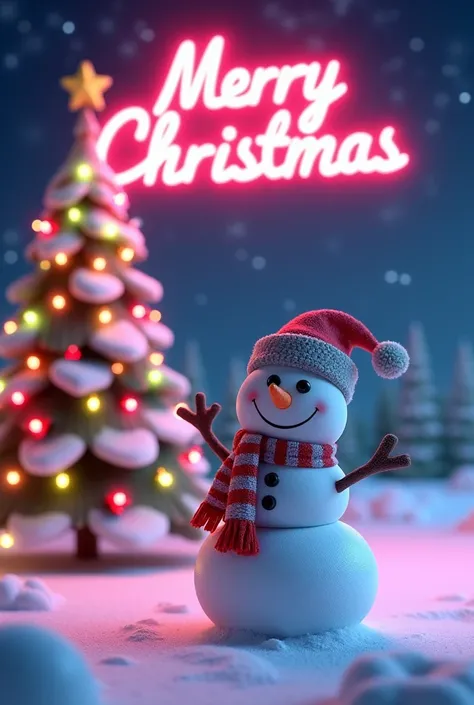 Very cute Christmas background 、 snowman、tree、neon、 Merry Christmas letters at the top in English please、3d、 8k、 illustrations