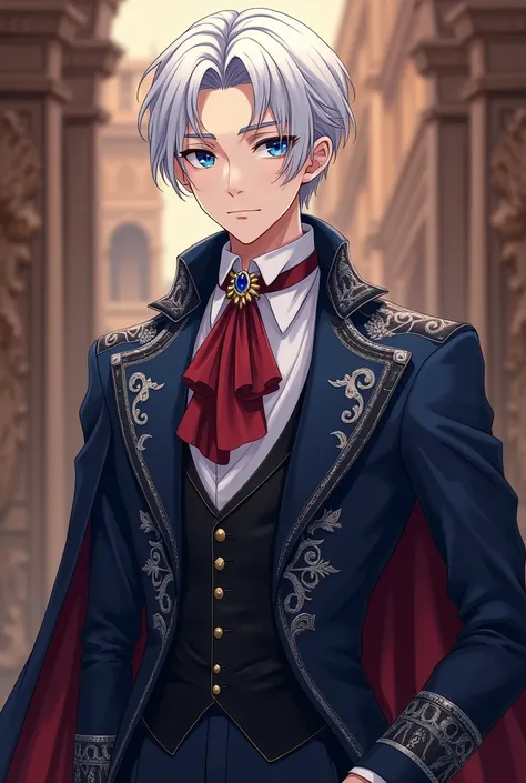 An anime-style depiction of a 16-year-old nobleman set in a medieval fantasy world, attending a grand aristocratic celebration. His short, snow-white hair is neatly cut, with soft layers framing his pale, youthful face. His sapphire-blue eyes are sharp and...