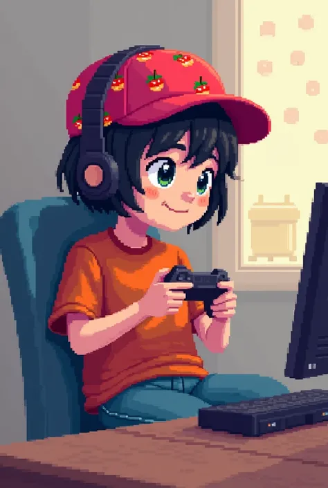 Pixcel character, a  playing games, wearing a cherry hat, wearing a shirt 