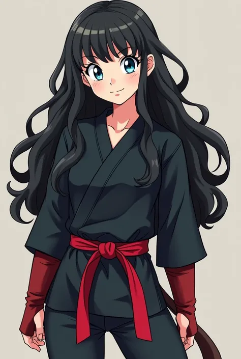  Girl of an  anime-style dragon ball super animation who has long wavy black hair with a soft fringe,  big light blue eyes and a small innocent smile .  wears a fitted black gi with deep red details on the belt, Saiyan sleeves and boots .  Her brown jumpsu...