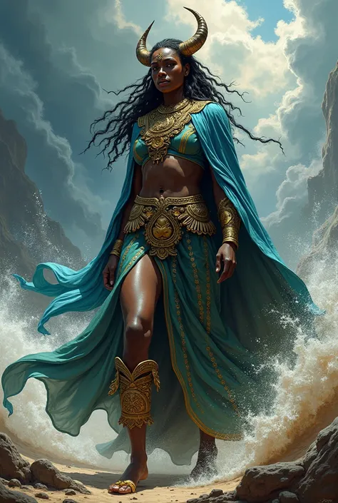 oya, the orisha of winds, storms, and transformation, guardian of the dead and fierce change.  no horns.