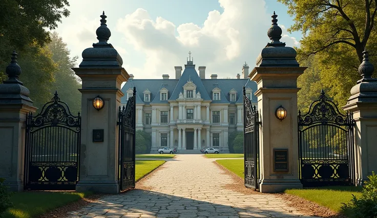 Color photo of a racing stable an aristocratic equestrian estate in Europe,in the 19th century in the foreground featuring a grand entrance with stone pillars and a blacksmith iron gate,And cars in the style of steampunk and art nouveau ,A lake in the back...