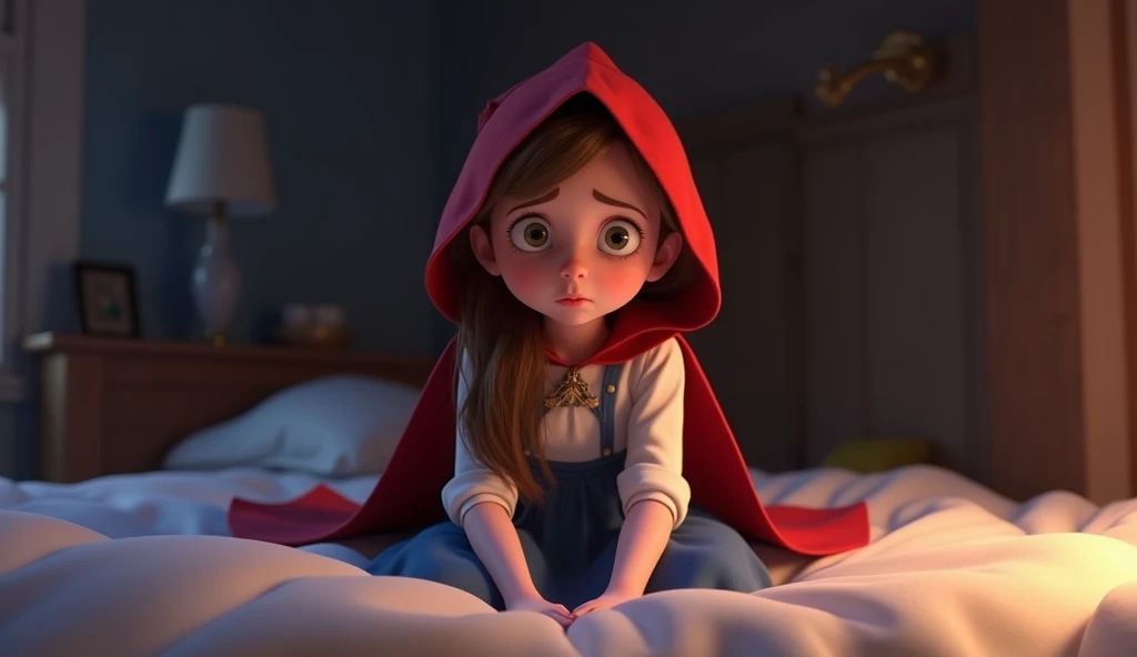  Little Red Riding Hood on a bed, getting scared ,  getting very scared .  She wears a white long-sleeved blouse and a long blue skirt,  brown hair . Disney pixar.